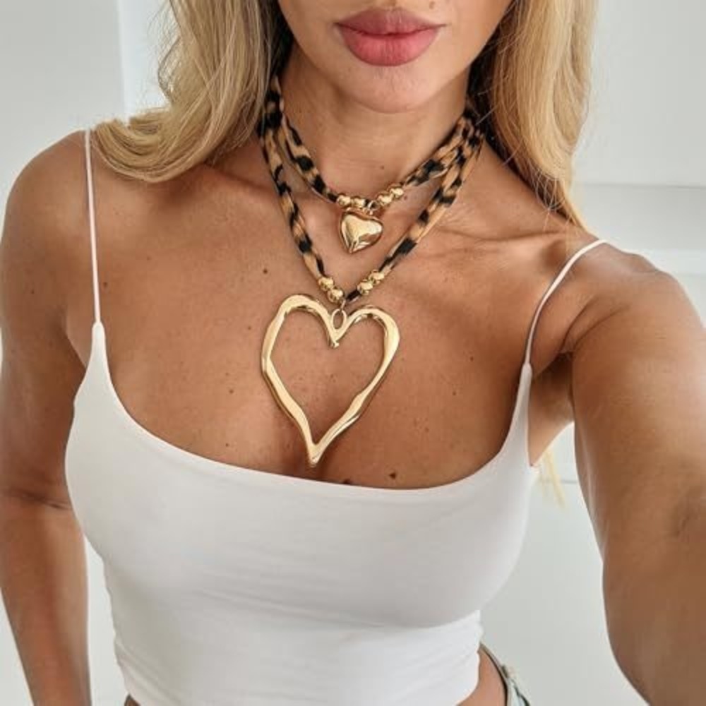 Leopard Print Layered Heart Pendant Necklace Gold Tone Animal Print Statement